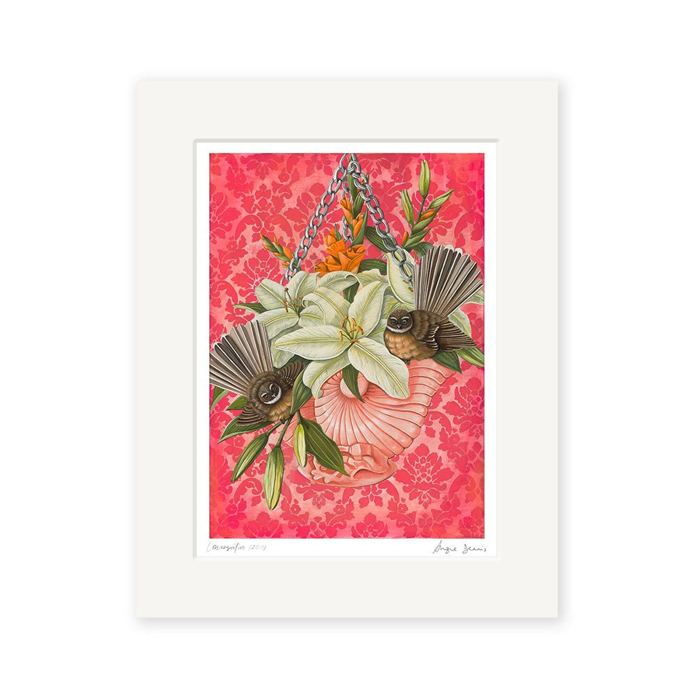 The Angie Dennis - Conversation Art Print showcases white lilies, orange flowers, seashells, and green leaves in a hanging basket on a red patterned background. Presented in a white frame with wide mat border, its a striking piece of New Zealand art.
