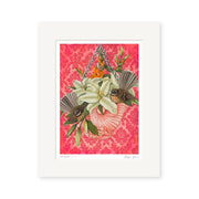 The Angie Dennis - Conversation Art Print showcases white lilies, orange flowers, seashells, and green leaves in a hanging basket on a red patterned background. Presented in a white frame with wide mat border, its a striking piece of New Zealand art.