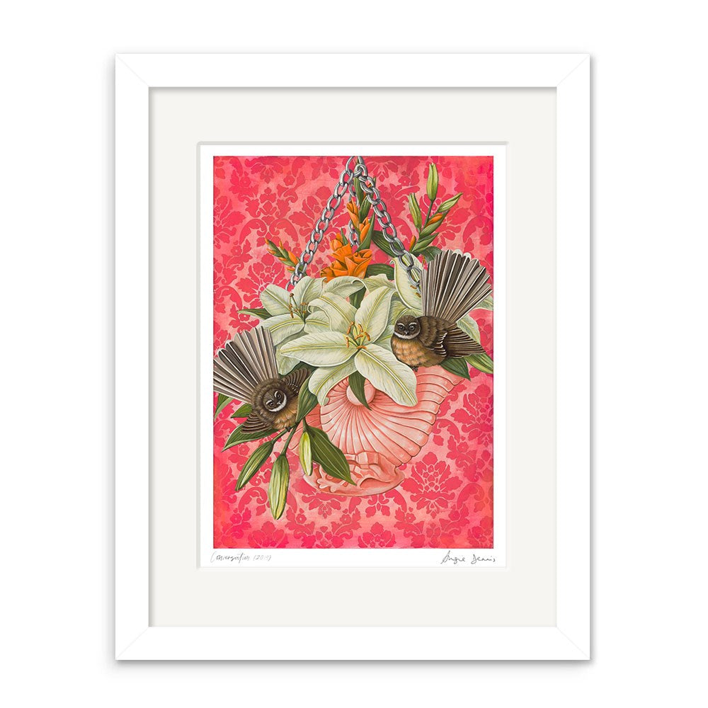The Angie Dennis - Conversation Art Print showcases white lilies, pink seashells, and dark fan-shaped leaves in a hanging planter against a textured pink background—an elegant piece of New Zealand art.