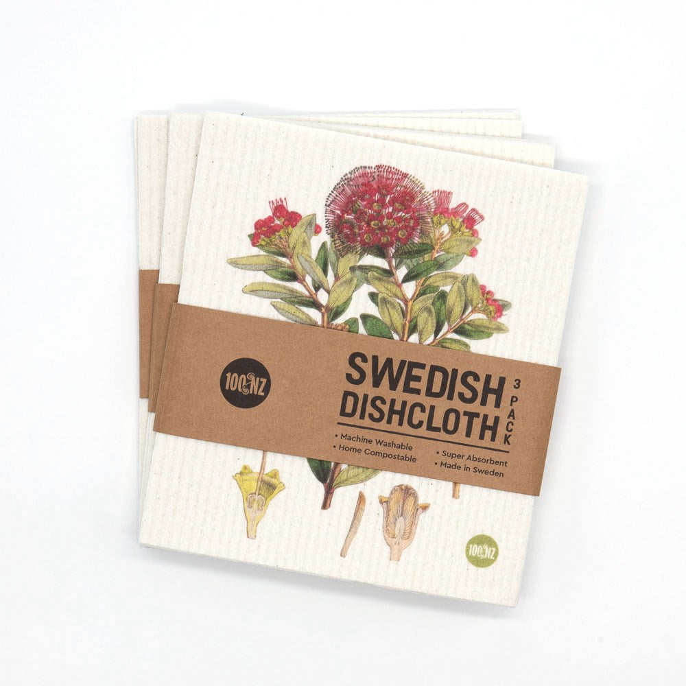 Swedish Dishcloths - Botanical Illustrations: Set of 3 eco-friendly, home compostable cloths in brown paper packaging, marked machine washable, super absorbent, and made in Sweden.