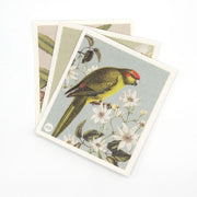 Three Swedish Dishcloths - Birds & Botanicals are stacked. The top cloth shows a yellow-green bird with a red patch on its head, perched among white flowers on an eco-friendly, light, muted background.