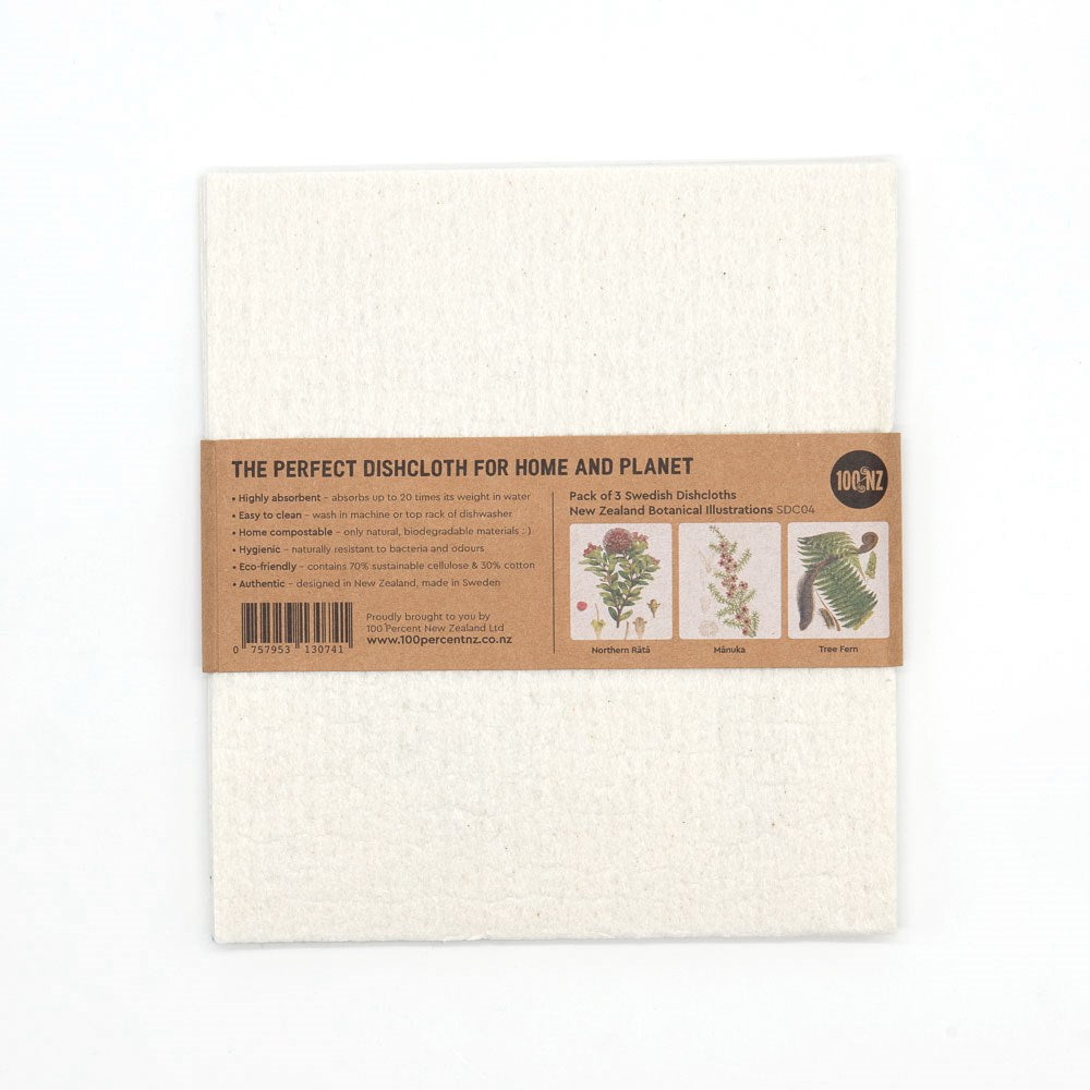 The Swedish Dishcloths - Botanical Illustrations come in white, wrapped with a brown paper band highlighting their high absorbency, eco-friendly material, and charming Kiwiana botanical designs.