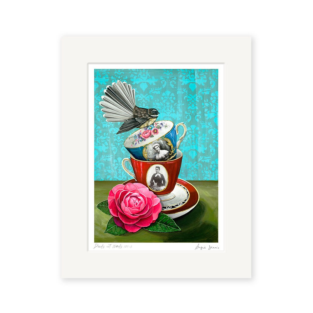A stack of two teacups and saucers showing vintage portraits sits on a table with a pink flower. A black and white bird perches atop, capturing the charm of the Angie Dennis - Deeds not Words Art Print. Turquoise damask background adds elegance.