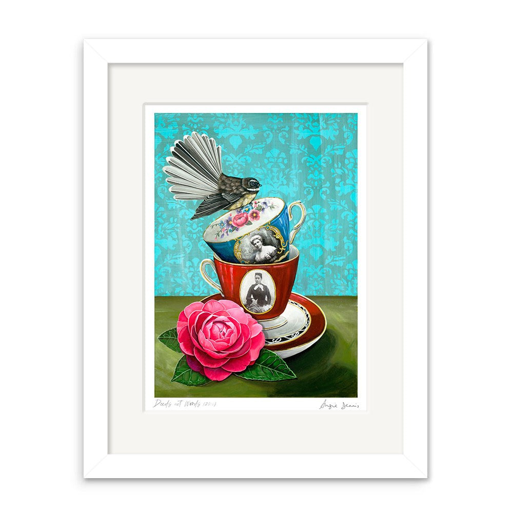 The Angie Dennis - Deeds not Words Art Print features two stacked teacups with portraits, a bird, and a pink camellia against a blue pattern—an archival-quality matte New Zealand art print.