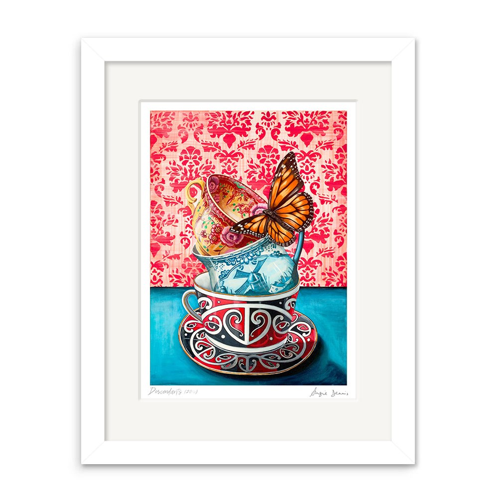 The Angie Dennis - Descendants Art Print features three stacked teacups with decorative patterns and a monarch butterfly on top, set against a red damask background. Archival quality with white frame included—ideal for New Zealand art lovers.