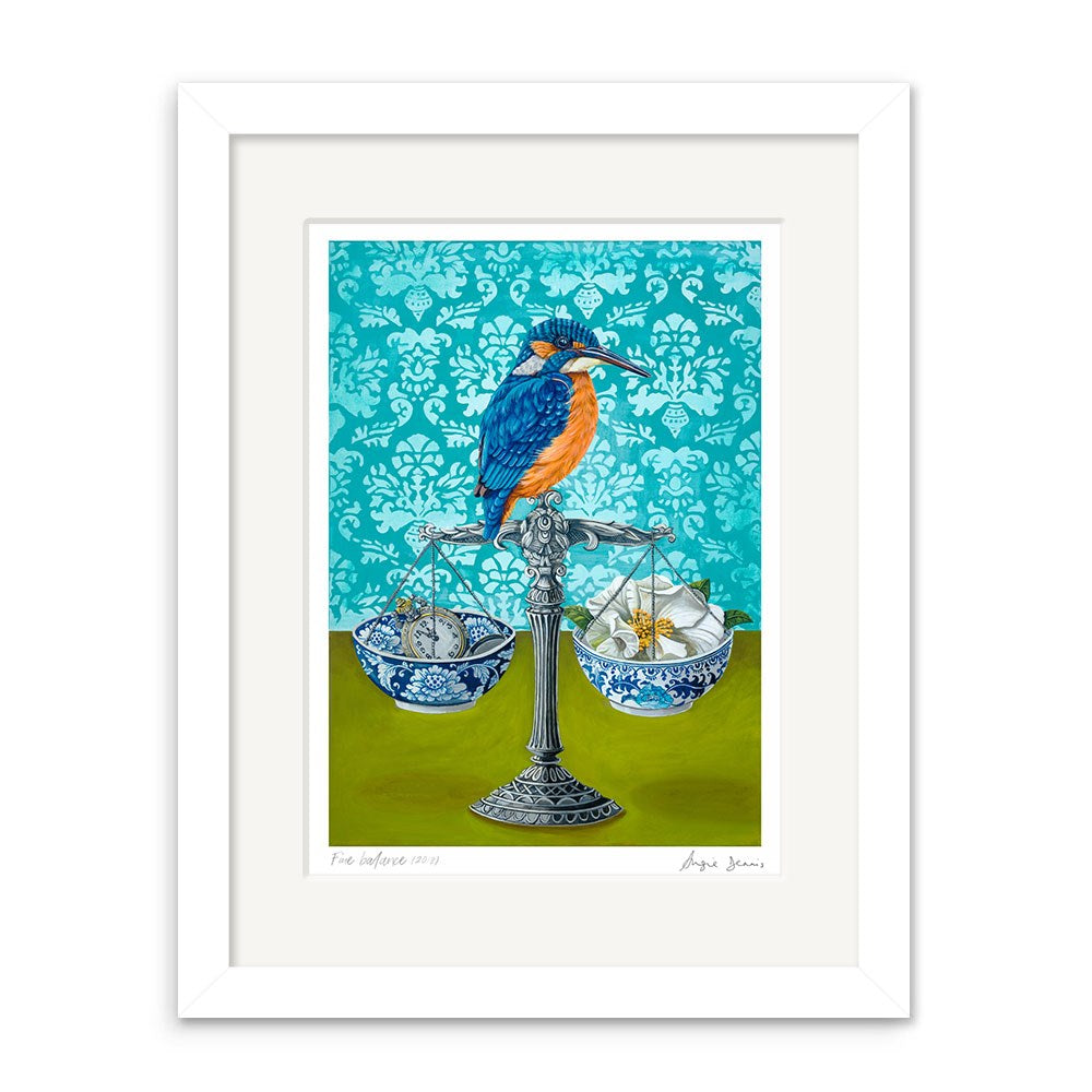 The Angie Dennis - Fine Balance Art Print features a kingfisher on a balance scale with fish and a clock, set against a teal floral background. This signed print is part of Angie Dennis’s New Zealand art prints collection.