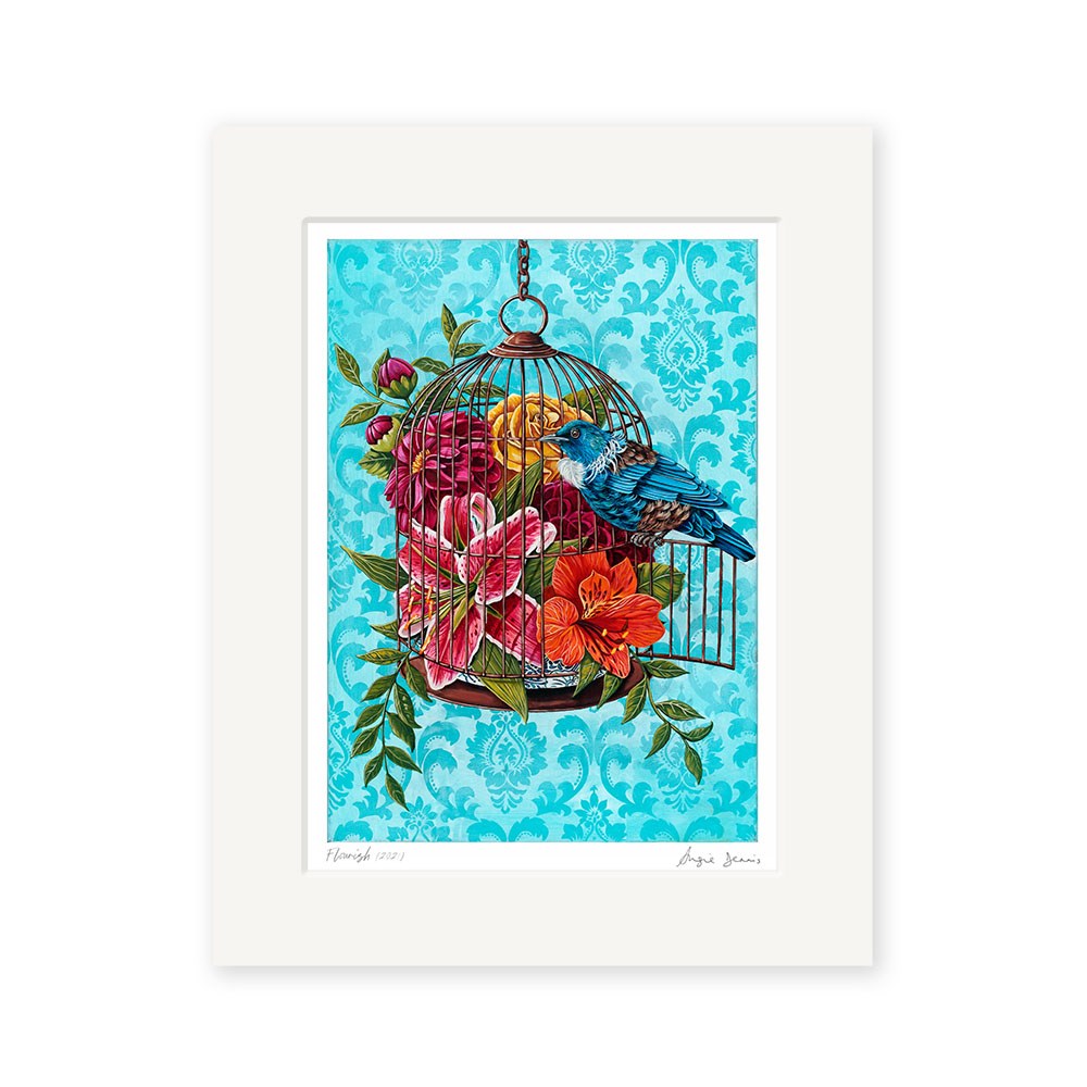 An illustration of a birdcage with pink and orange flowers, two birds perched on it, and a turquoise floral background. The open cage door features in the Angie Dennis - Flourish Art Print, a beautiful piece of New Zealand art.