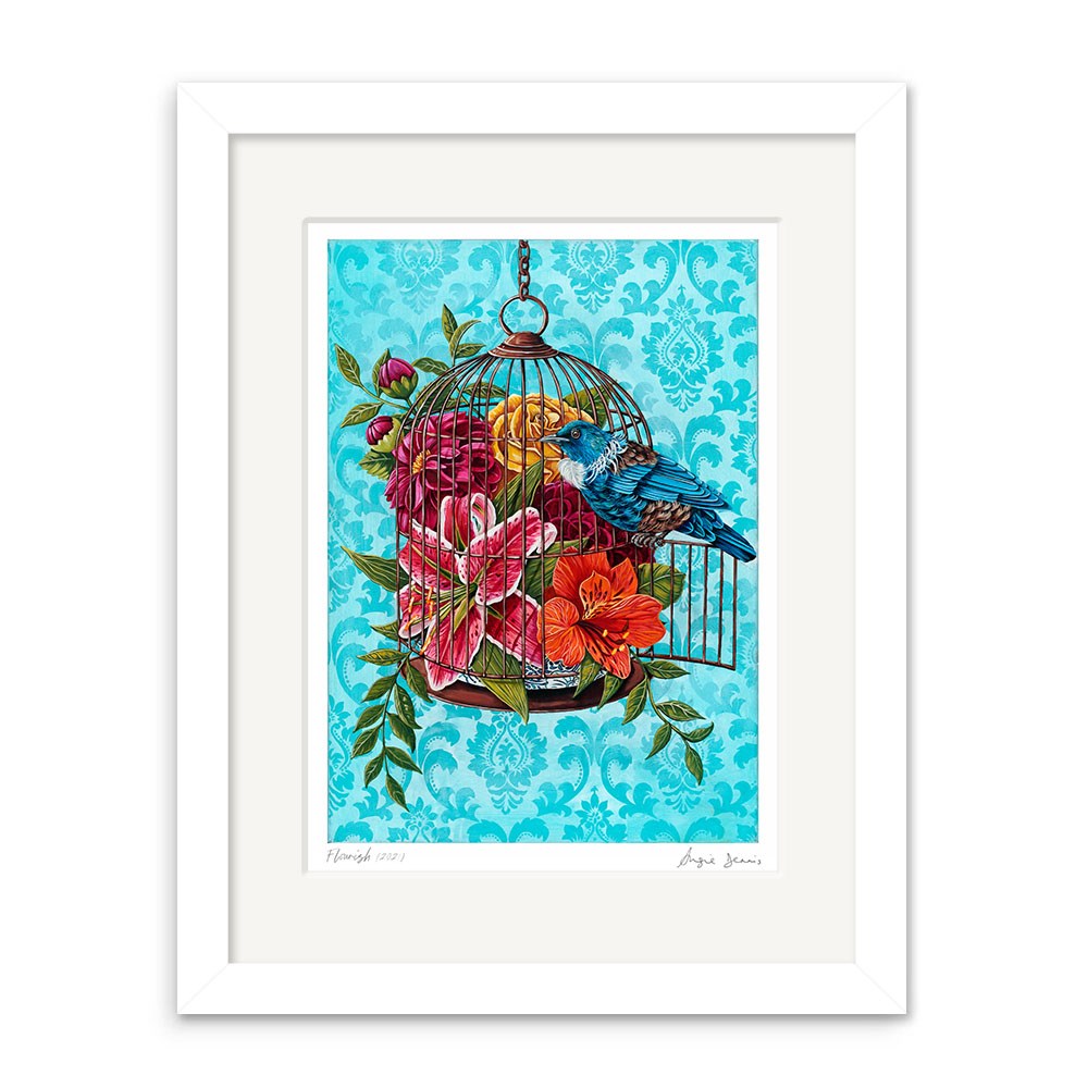 The Angie Dennis - Flourish Art Print features two vibrant birds on an ornate flower-filled birdcage against a blue damask background. Printed on archival quality matte paper, it’s a stunning piece of New Zealand art.