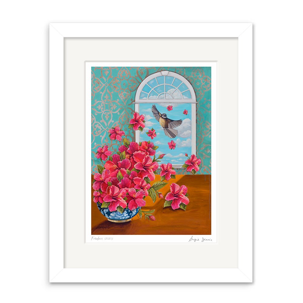 The Angie Dennis - Freedom Art Print features a vase of pink flowers on a table before an arched window, with a bird flying in against a blue sky and teal wallpaper backdrop. Archival quality print inspired by New Zealand art.