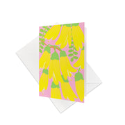 The Bright Botanical Kowhai Gift Card & Envelope (6 Pack) features vibrant yellow hanging Kowhai flowers with green stems and leaves on a pink background—a perfect, colorful way to present gift cards or send a personalised message. White envelopes included.