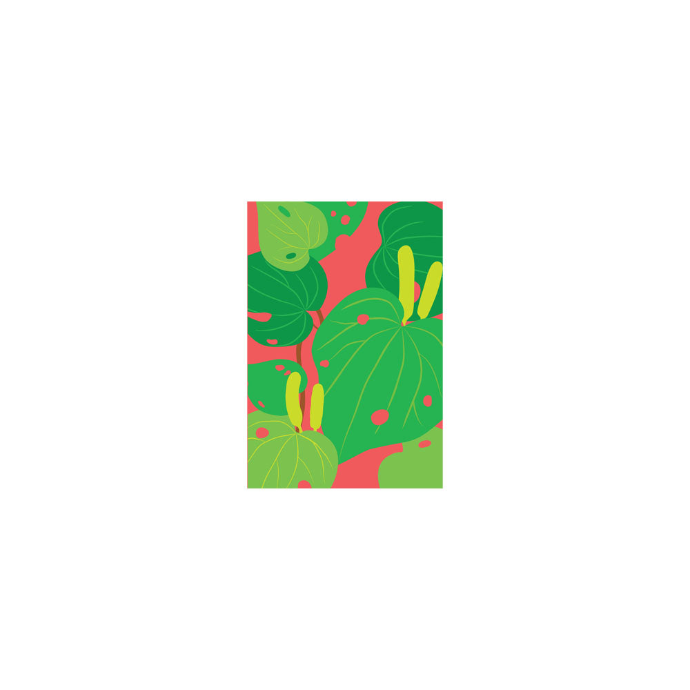 The Bright Botanical Kawakawa Gift Card & Envelope (6 pack) features large kawakawa leaves with holes and four yellow caterpillars on a pink background—NZ designed, perfect for décor or gifting.