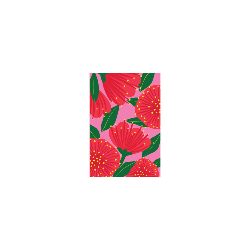 The Bright Botanical Pink Pohutukawa Gift Card & Envelope (6 Pack) features large red Pohutukawa flowers with yellow centers and green leaves on a pink background—ideal for New Zealand-themed gifting.