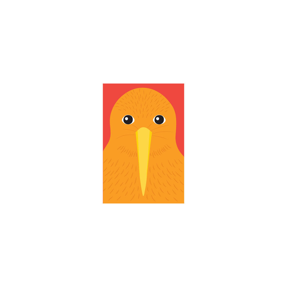 The Bright Kiwi Gift Card & Envelope (6 Pack) features a stylized orange kiwi bird with a long yellow beak and black eyes on a red rectangular background, perfect for adding a touch of New Zealand charm to any note.