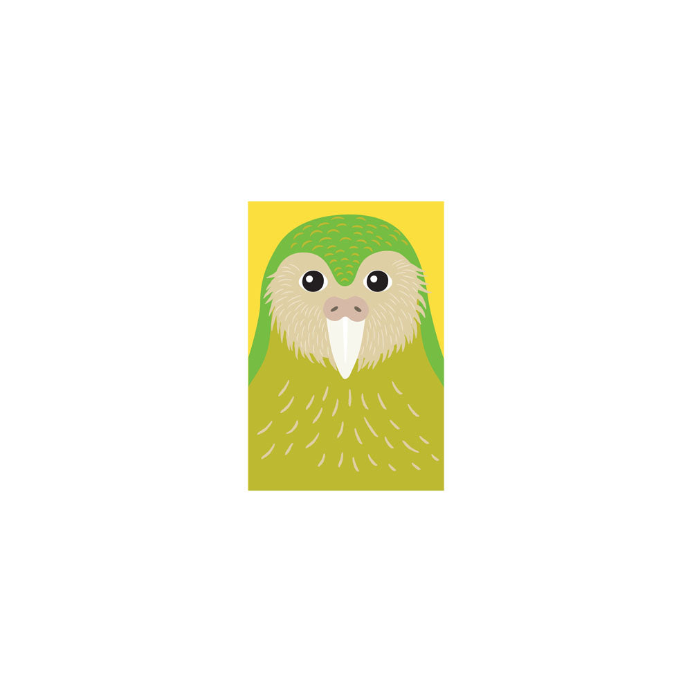 Illustration of a Kakapo, New Zealand’s green parrot, with a yellow background showing its face and upper body—featured on the Bright Kakapo Gift Card & Envelope (6 Pack), ideal for gift cards or nature-themed occasions.
