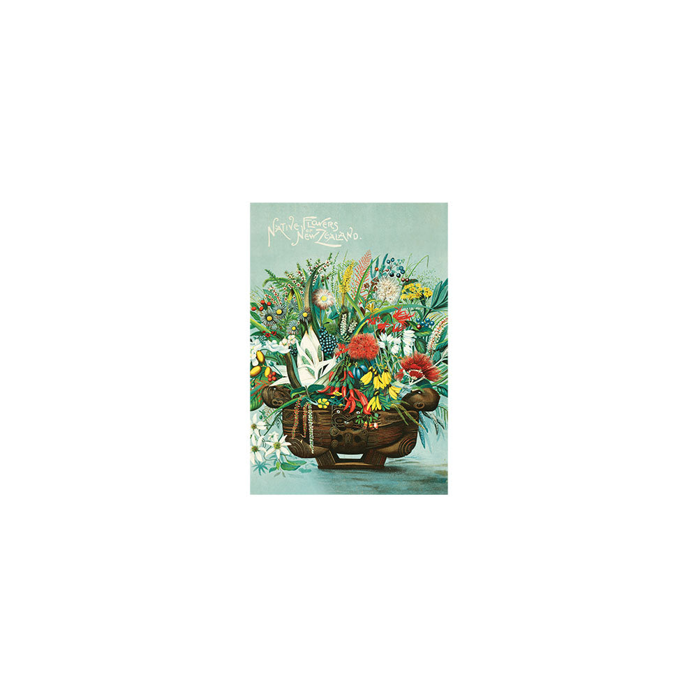 The NZ Native Flowers Gift Card & Envelope (6 Pack) features an illustration of native flora in a carved wooden bowl with Native Flowers of New Zealand text on a light green background. Cards are blank inside for your message.