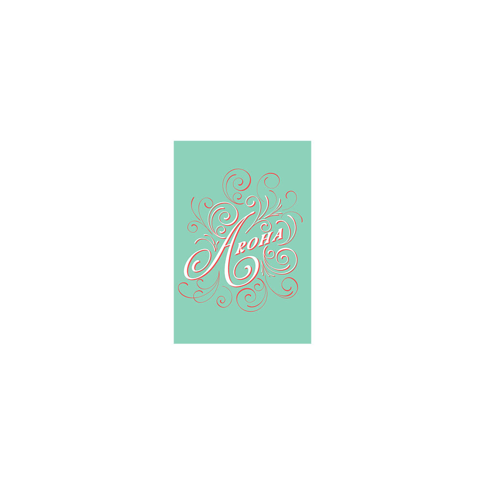 The Te Reo Aroha Gift Card & Envelope (6 Pack) features a light teal card with “Aloha” in bold pink and white script, accented by gold swirls. Ideal for gift cards or personal notes. Card is displayed against a plain white background.