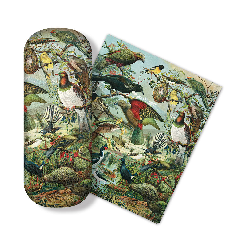 The NZ Native Birds Glasses Case comes with a micro-fibre cloth and features colorful native birds on branches with lush green leaves set against a light blue sky background.