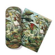 The NZ Native Birds Glasses Case comes with a micro-fibre cloth and features colorful native birds on branches with lush green leaves set against a light blue sky background.