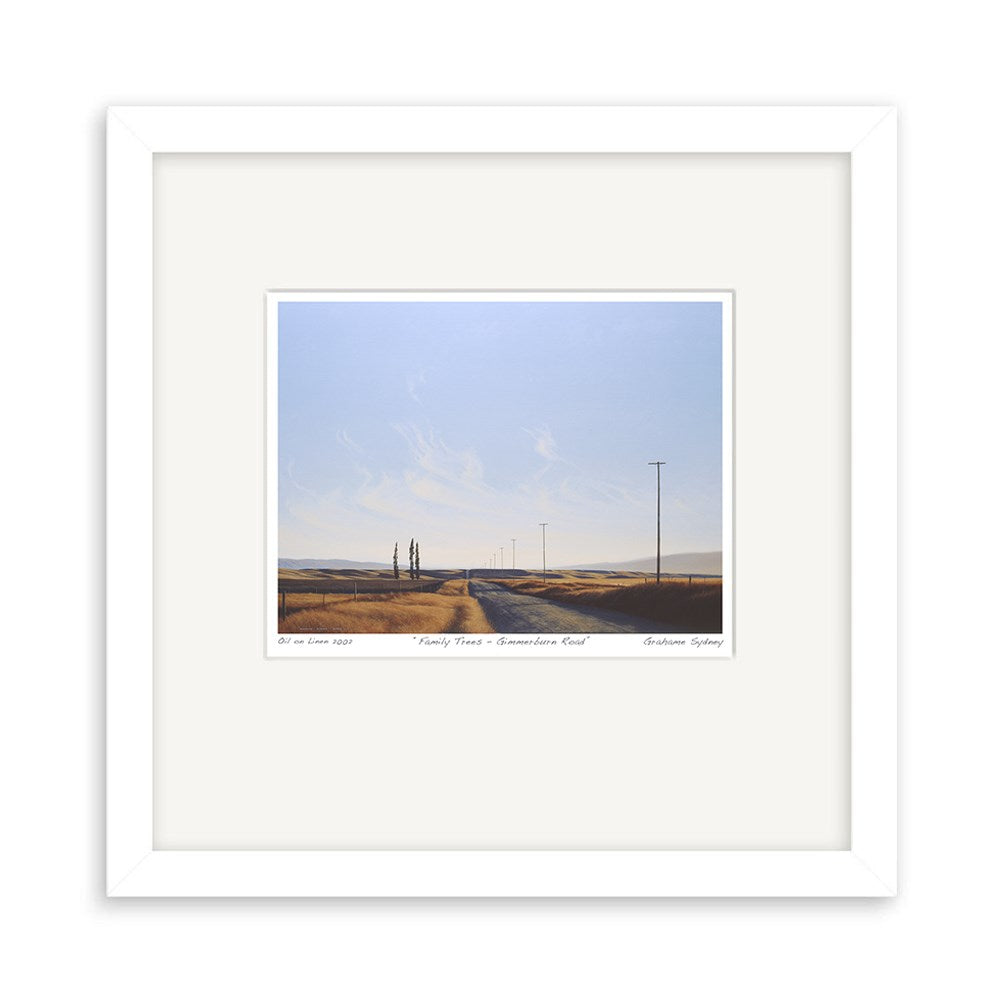 Bring home the tranquil beauty of classic New Zealand art with the Grahame Sydney - Family Trees, Gimmerburn Road Small Art Print, featuring a rural road beneath a blue sky inspired by Grahame Sydney's iconic style.