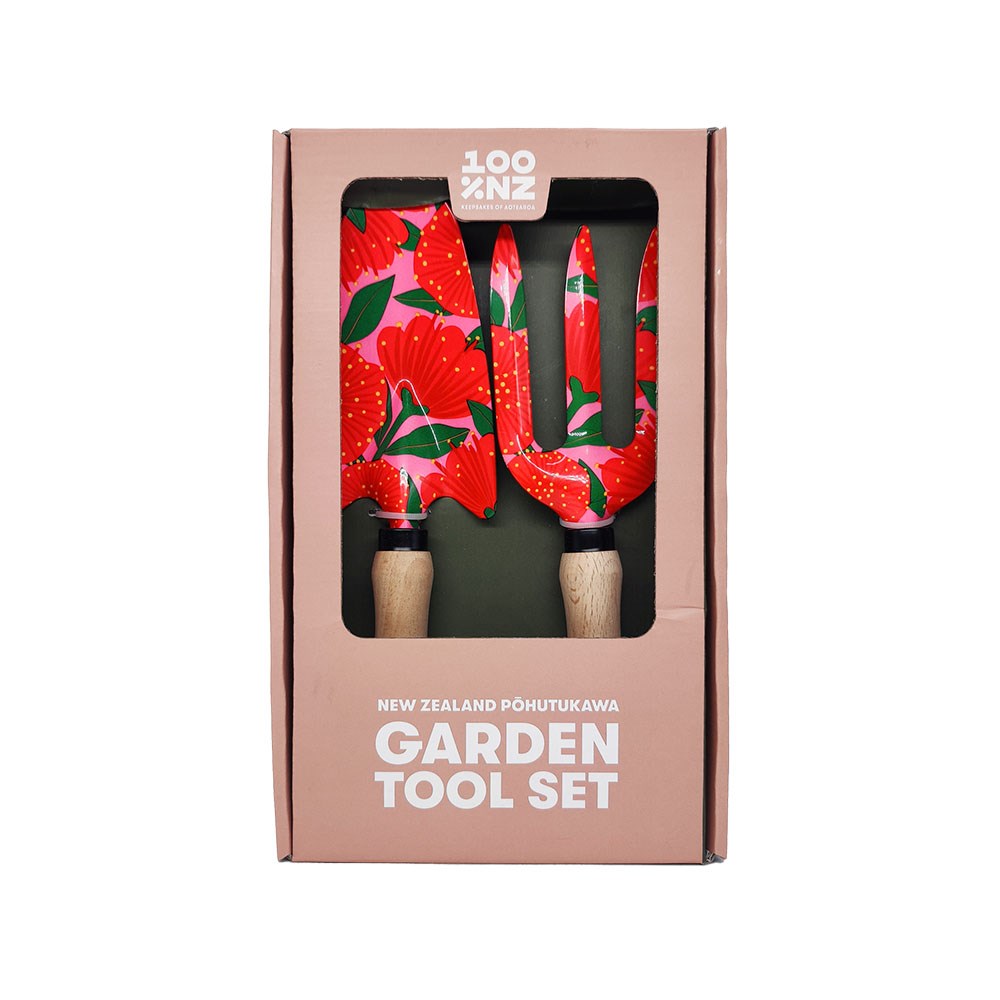The Bright Botanical Pohutukawa Garden Tool Set includes a trowel, transplanter, and fork with wooden handles and red floral-patterned metal heads, boxed with "NZ Pohutukawa Garden Tool Set" on the packaging.