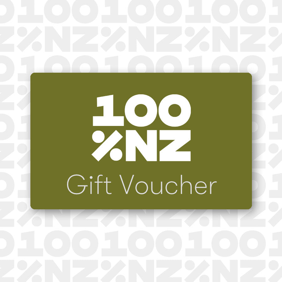 A green Gift Card shows 100% NZ in bold white above Gift Voucher in smaller text, with a background pattern of 100% NZ in light gray—a versatile present redeemable at checkout.