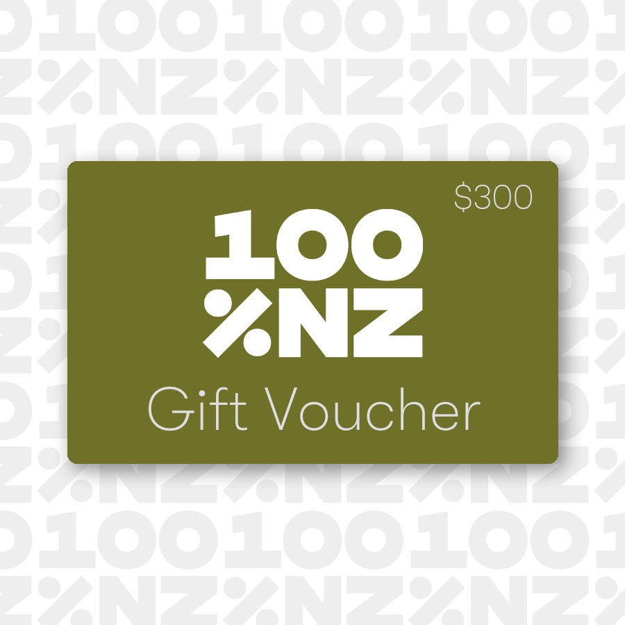 A green Gift Card features 100% NZ in bold white letters, $300 in the upper right, and Gift Voucher below. The background has a subtle repeating 100% NZ pattern, making it the perfect gift to redeem at checkout.