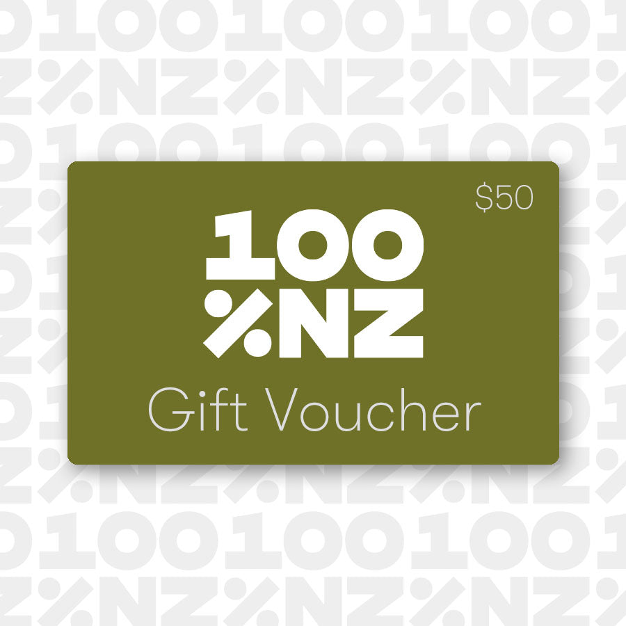 A green Gift Card worth $50 features 100% NZ and Gift Voucher text with a subtle 100% NZ pattern. Redeem at checkout for your favourite items and enjoy the gift of choice.