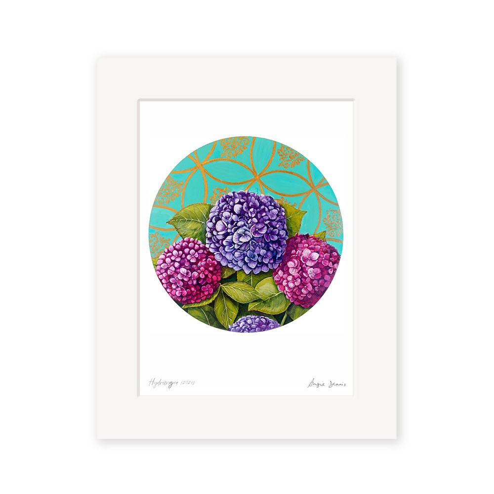 The Angie Dennis - Hydrangea Art Print features purple and pink hydrangea flowers with green leaves on a turquoise background with gold patterns. This signed New Zealand print comes framed, showcasing unique local artistry.