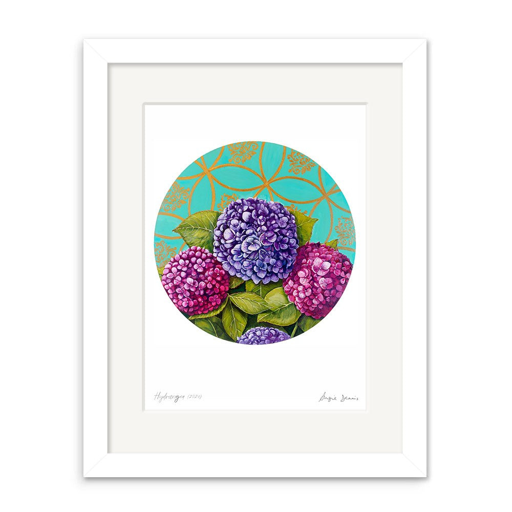 The Angie Dennis - Hydrangea Art Print showcases purple and pink hydrangeas with green leaves on a turquoise background accented by a gold geometric pattern, printed in archival quality.