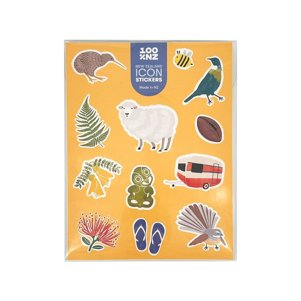 The NZ Icons Sticker Sheet features vibrant New Zealand icons like a kiwi, sheep, tiki, fern leaf, and campervan on a yellow background—a perfect souvenir gift for travelers and locals alike.