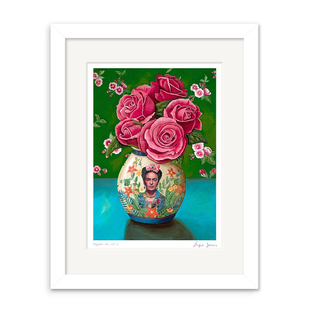 The Angie Dennis - Inspire Me Art Print features a vase with a woman’s portrait, floral patterns, and pink roses on a green background. This signed New Zealand artwork is printed on archival quality matte paper.