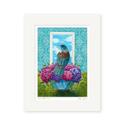 The Angie Dennis - Just Breathe Art Print features a bird on a bowl of pink and purple hydrangeas, set against blue patterned wallpaper and an open window—available as archival quality New Zealand art prints.