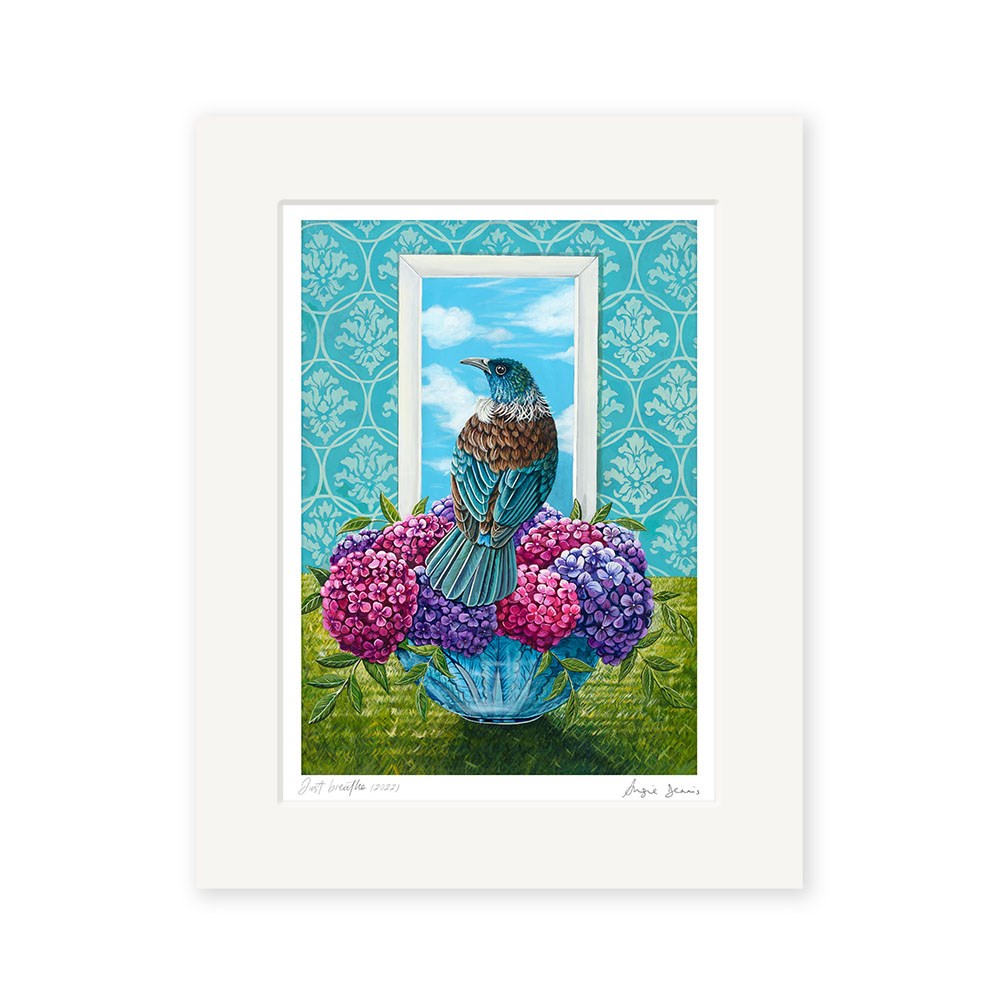 The Angie Dennis - Just Breathe Art Print features a bird on a bowl of pink and purple hydrangeas, set against blue patterned wallpaper and an open window—available as archival quality New Zealand art prints.