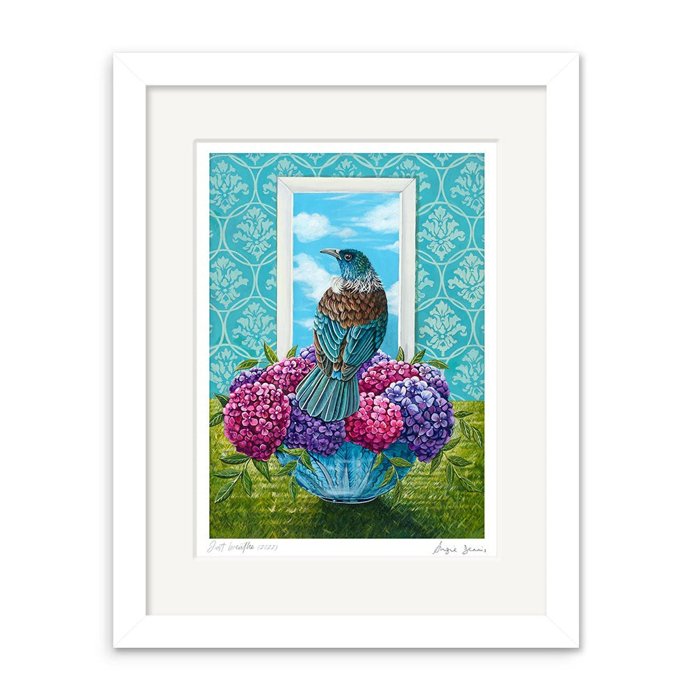 The Angie Dennis - Just Breathe Art Print features a bird on hydrangeas by an open window with sky and clouds, set against a teal pattern. Part of her archival quality New Zealand art prints collection.