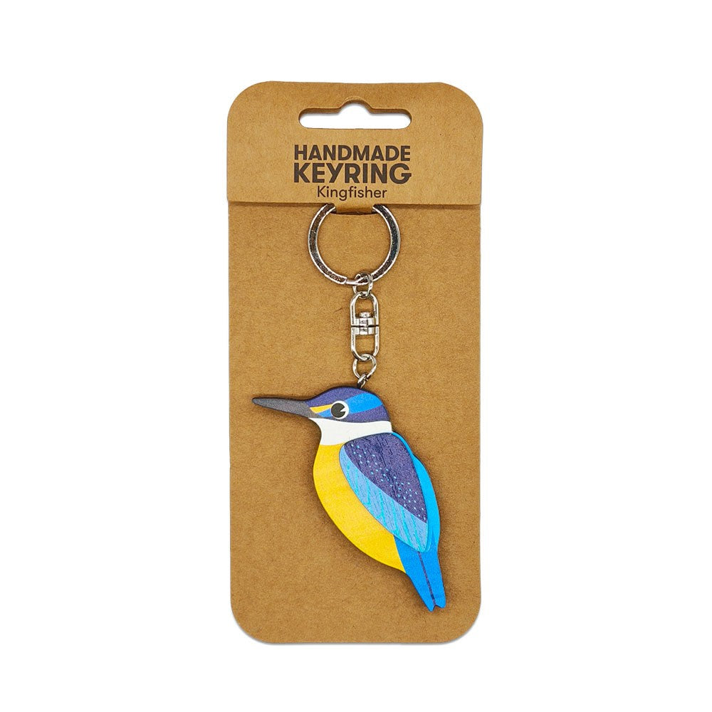 The Kingfisher Wooden Keyring is a handmade wooden keychain with a colorful kingfisher design, attached to a brown card labeled Handmade Keyring Kingfisher. It features a metal ring and clasp for secure use.