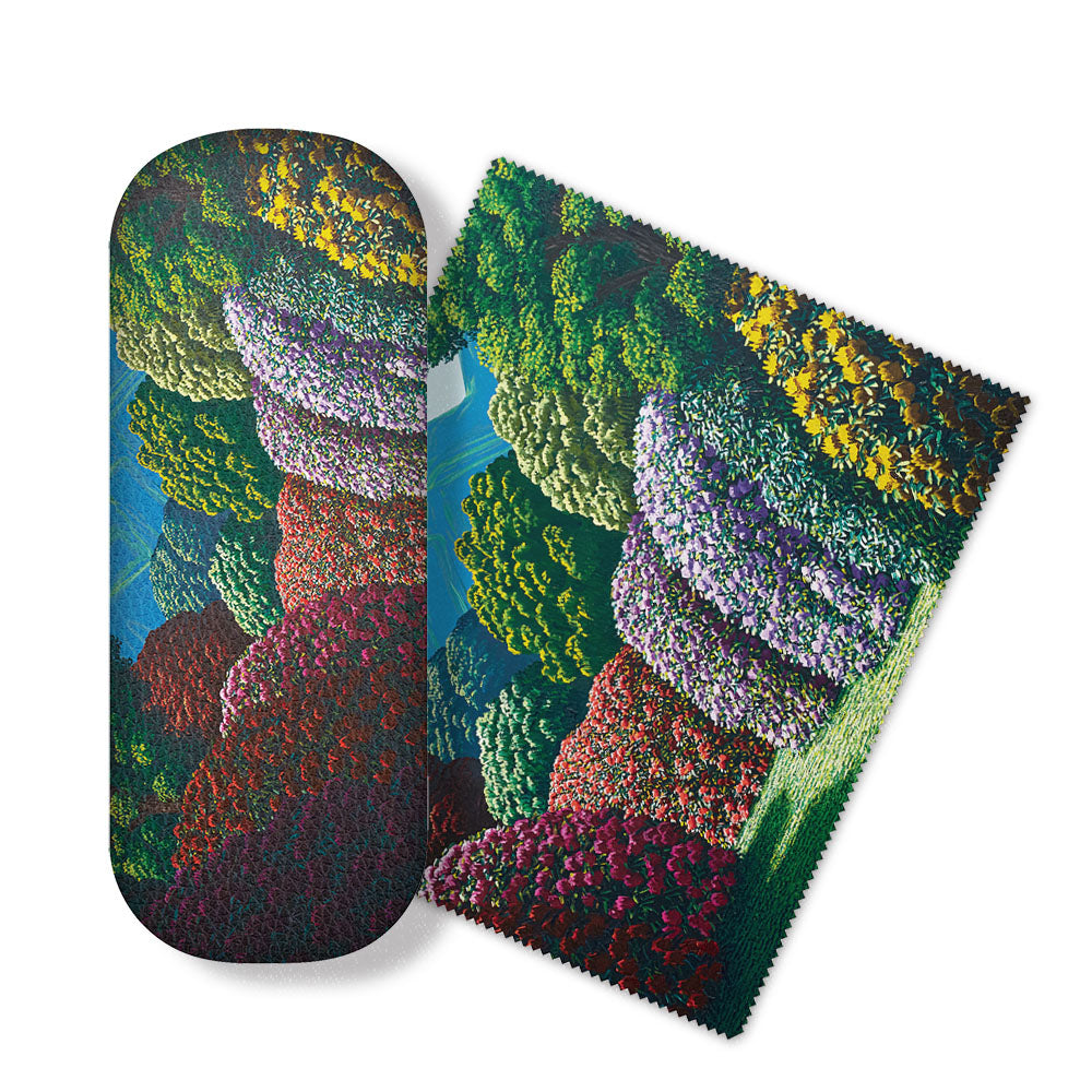 The Karl Maughan - Whenua Tapu Hills Glasses Case comes with a matching micro-fibre cloth, both featuring colorful, detailed illustrations of layered flower bushes in red, pink, purple, yellow, and green on a white background.