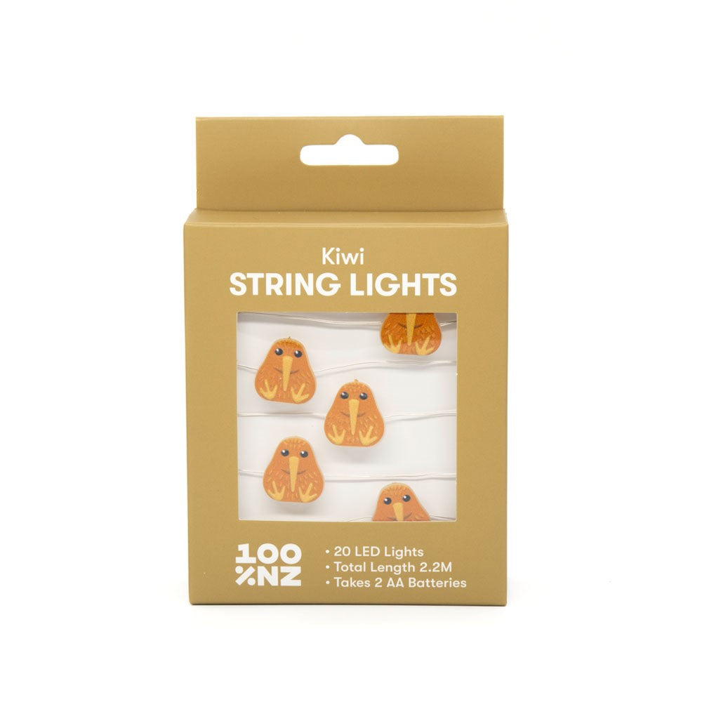 A box of Kiwi LED Lights features 20 kiwi bird-shaped, battery-powered lights on a 2.2-meter string. The brown box with white text notes it uses 2 AA batteries—perfect for adding charm to your Christmas tree.