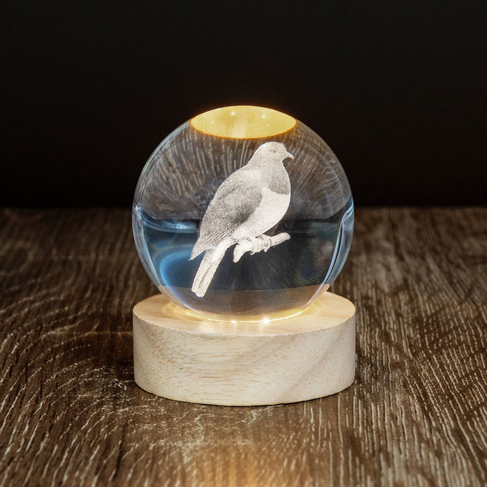 The Kereru LED Globe is a clear glass sphere featuring a 3D laser-engraved bird on a branch, resting on a round wooden base set atop a dark brown wooden surface.