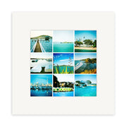 The Auckland Lomo Print is a white square frame featuring a 3x3 grid of colorful Lomo-style photos with docks, boats, marinas, coastlines, and greenery—capturing Auckland’s bright, sunny coastal vibe. Made in New Zealand.