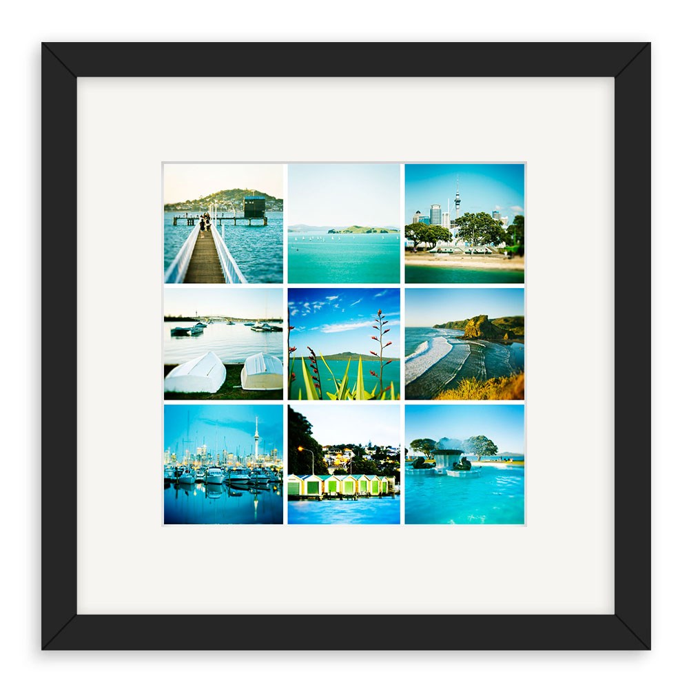 The Auckland Lomo Print is a black-framed photo collage with nine square images of vivid waterfront scenes—docks, boats, city skyline, and tropical plants—captured in bright Lomo style. Made in New Zealand.