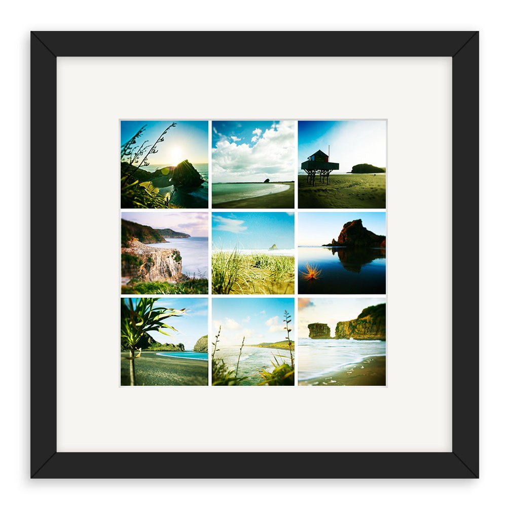 The West Coast Lomo Print is a black-framed, matted collage featuring nine square beach and coastal landscape photos in a 3x3 grid, each capturing sand, water, plants, and sky in vivid detail.