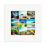 The Wellington Lomo Print features a grid of nine square photos in Lomo style, highlighting urban art, coastal views, a marina, sailing boat, domed government building, red tram, and landscapes—all with a wide white mat.