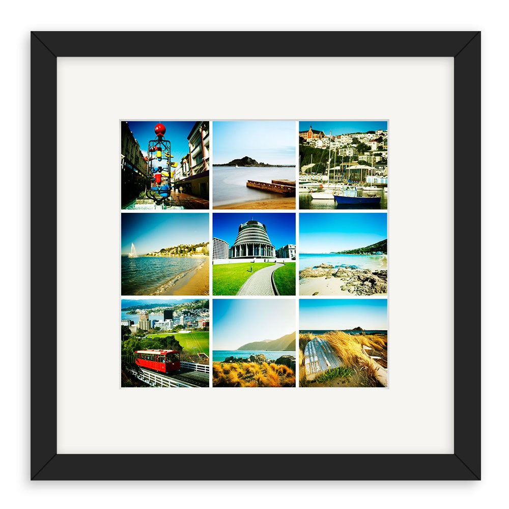 The Wellington Lomo Print is a black-framed collage with nine square Lomo-style landscape, building, and landmark photos in a 3x3 grid on a white mat background.