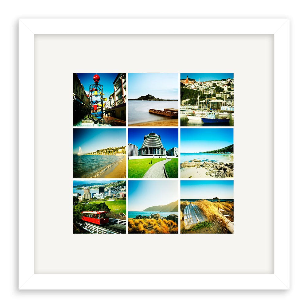 The Wellington Lomo Print is a white-framed collage with nine square Lomo-style photos of coastal and urban Wellington, featuring beaches, sailboats, a red cable car, diverse architecture, and scenic landscapes.