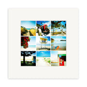 The NZ Summer Lomo Print features a grid of nine square photos with beach scenes, a red tractor, kayak, trees, lifeguard station, flowering tree, trailer, and kiosk—captured in Lomo style and bordered by a white frame.