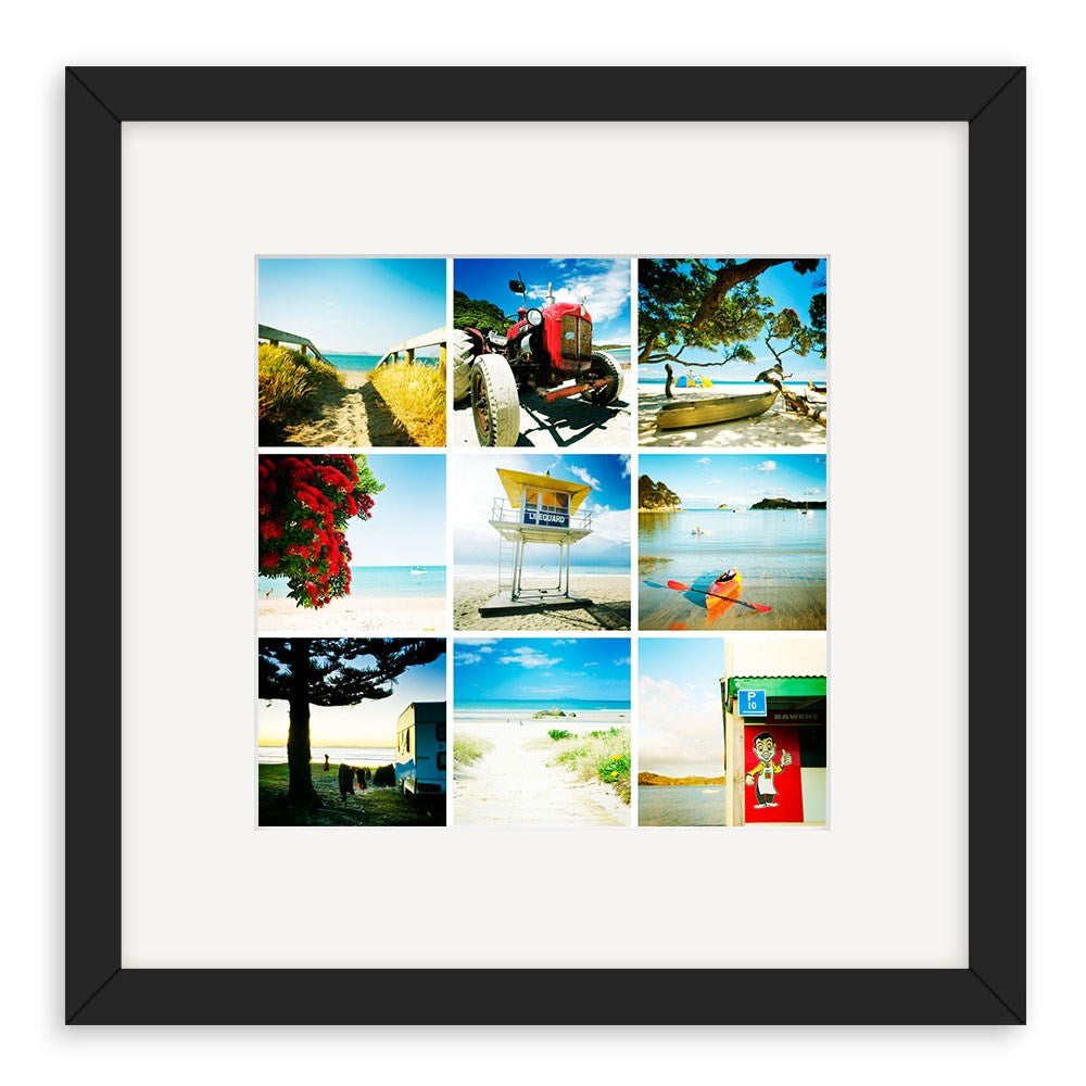 The NZ Summer Lomo Print is a black-framed collage of nine square beach photos, featuring a tractor, kayak, trees, lifeguard stand, sandy paths, and ocean views—all in vibrant Lomo style.