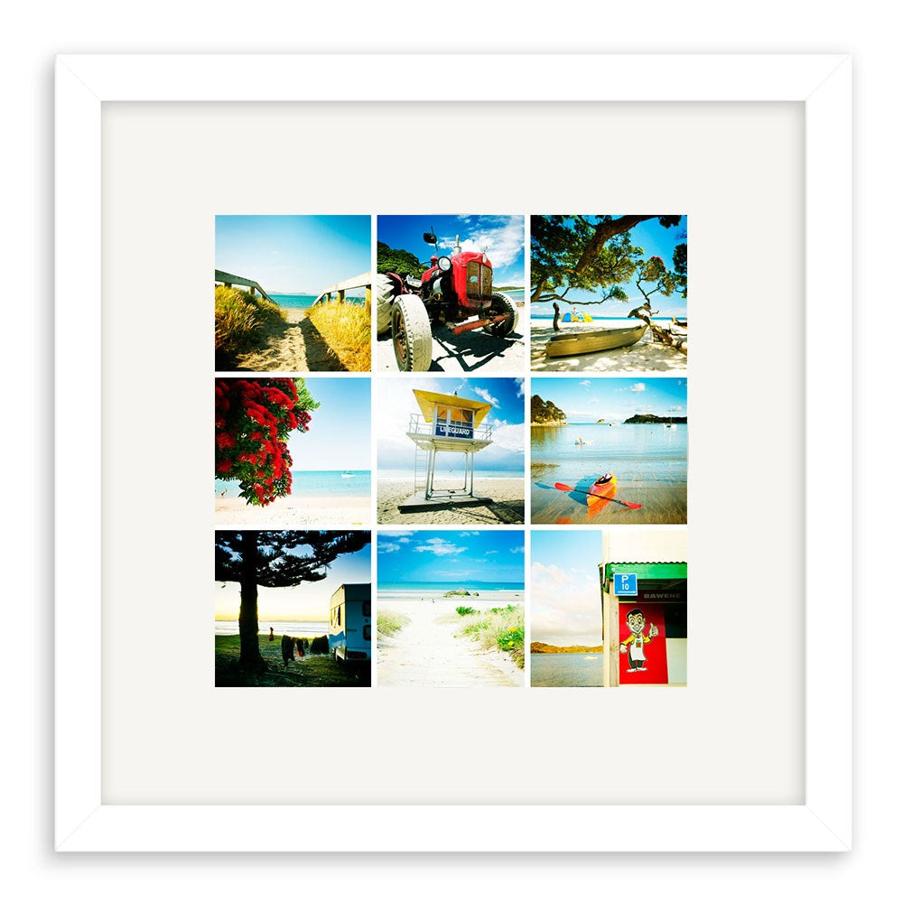 The NZ Summer Lomo Print is a framed collage of nine vibrant square photos, showcasing unique beach and coastal scenes—from tractors and trees to kayaks, a lifeguard tower, and a red phone booth—all in bright daylight.