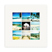 The Coromandel Lomo Print is a white square frame with a 3x3 grid of nine photos showing beaches, kayaks, a pier, blue skies, and New Zealand’s coastal scenery, including a rock arch over sand.