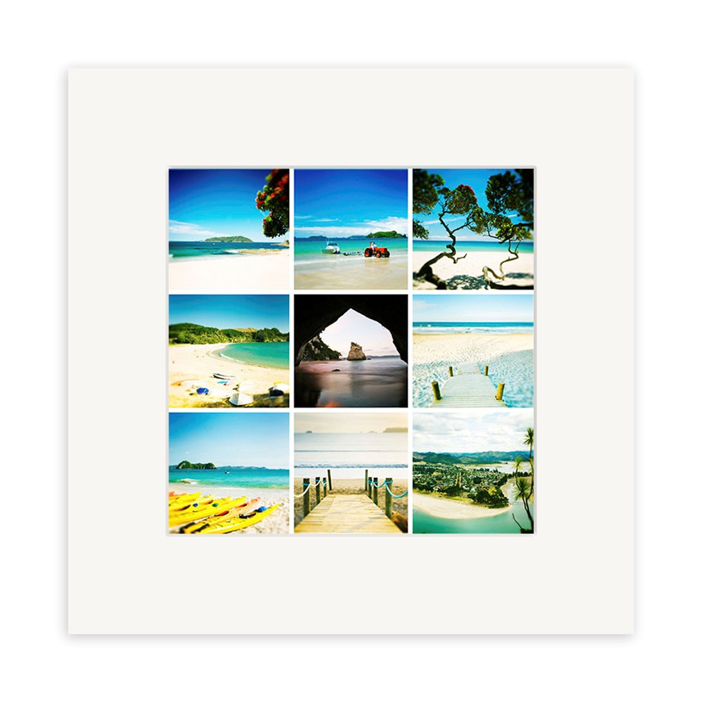 The Coromandel Lomo Print is a white square frame with a 3x3 grid of nine photos showing beaches, kayaks, a pier, blue skies, and New Zealand’s coastal scenery, including a rock arch over sand.