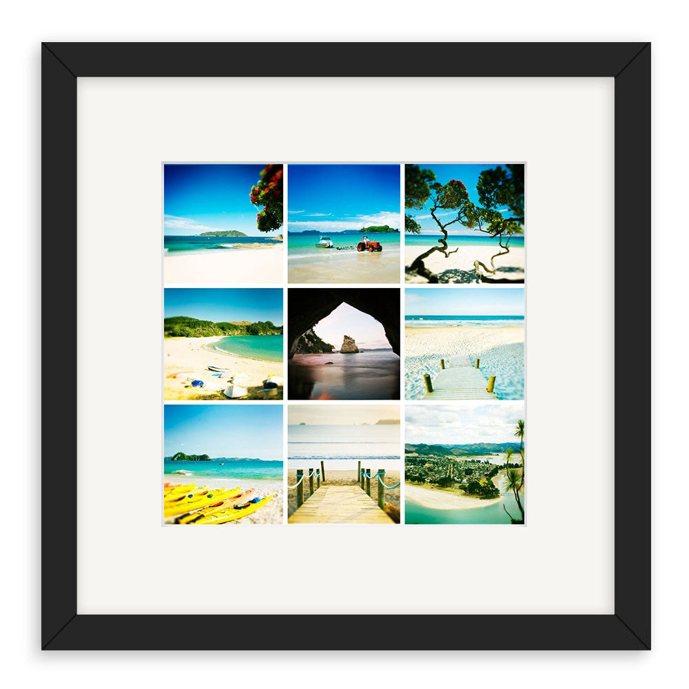 The Coromandel Lomo Print is a framed collage featuring nine square New Zealand beach and seaside photos—sand, water, rocks, boats, trees, and a wooden dock—arranged in a 3x3 grid with a white mat and black frame.